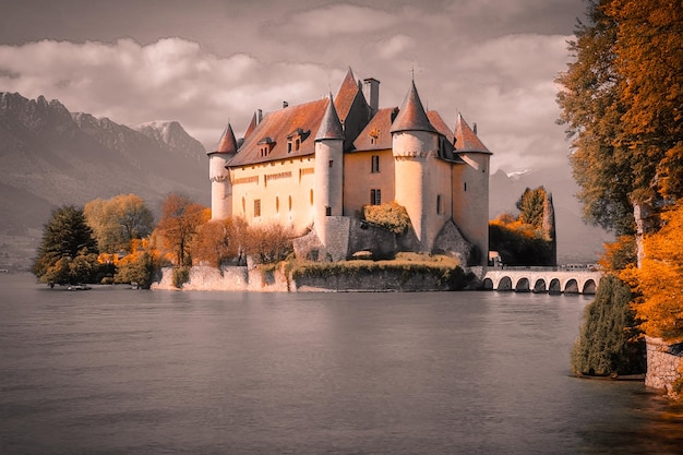 Most beautiful medieval castles of France Menthon located near lake Annecy aerial view