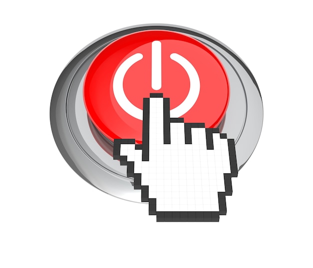 Mouse Hand Cursor on Red On on Off Button. 3D Illustration.