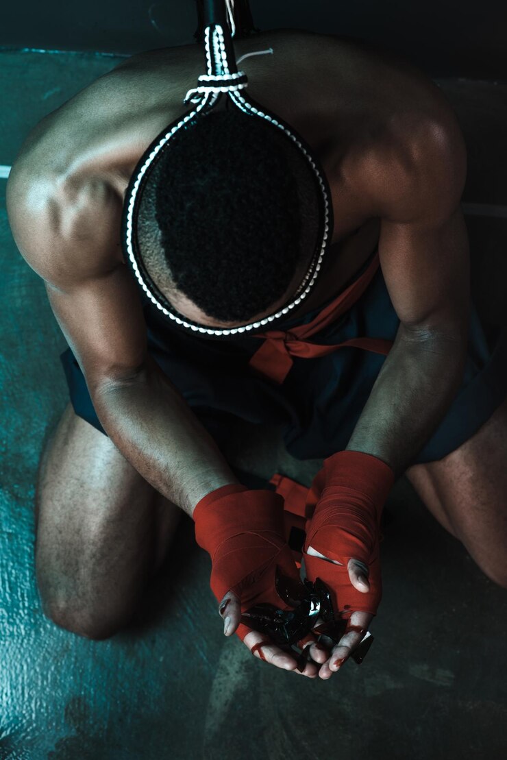 Foto muay thai athlete holding glass shatters indoors fight club concept