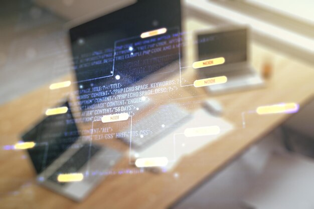 Multi exposure of abstract creative coding sketch and modern desktop with computer on background artificial intelligence and neural networks concept
