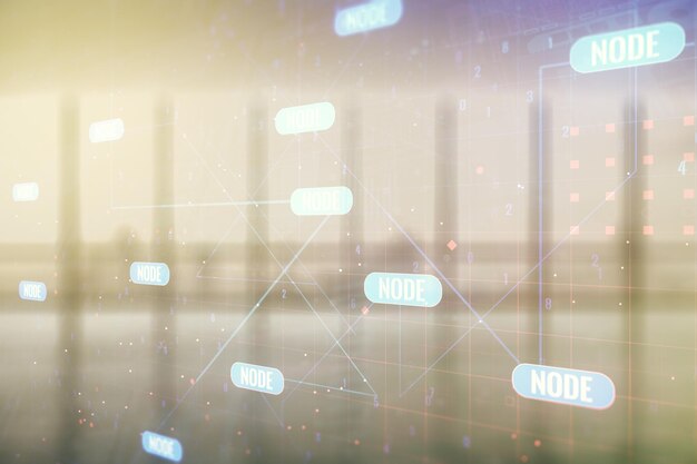 multi exposure of abstract creative coding sketch on empty corporate office background artificial intelligence and neural networks concept