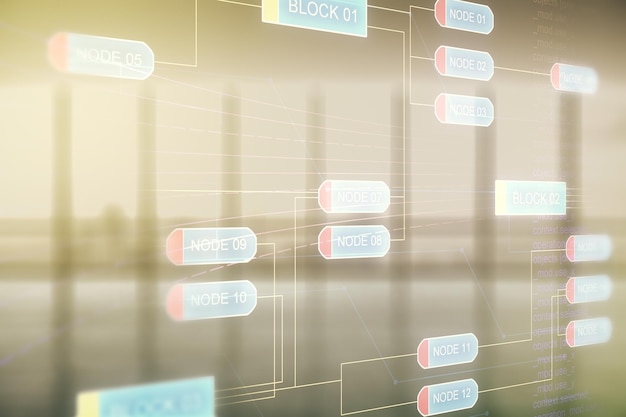 Multi exposure of abstract creative coding sketch on empty corporate office background artificial intelligence and neural networks concept