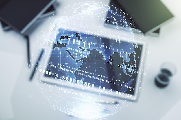 multi exposure of abstract creative coding sketch with world map and modern digital tablet on background top view artificial intelligence and neural networks concept