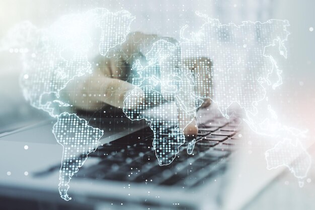Multi exposure of abstract creative digital world map and hands typing on computer keyboard on background tourism and traveling concept