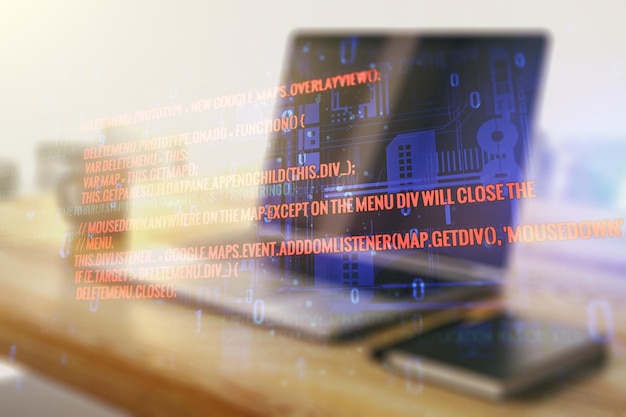 Multi exposure of abstract graphic coding sketch and modern desktop with pc on background big data and networking concept