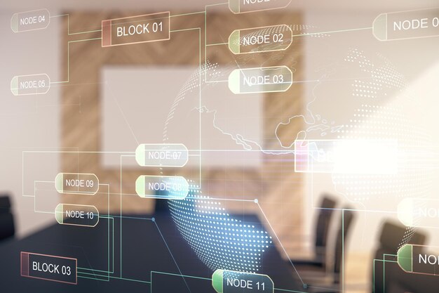 Multi exposure of abstract graphic coding sketch and world map on a modern furnished classroom background big data and networking concept