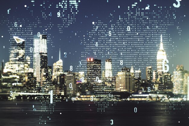 multi exposure of abstract graphic coding sketch and world map on manhattan cityscape background big data and networking concept