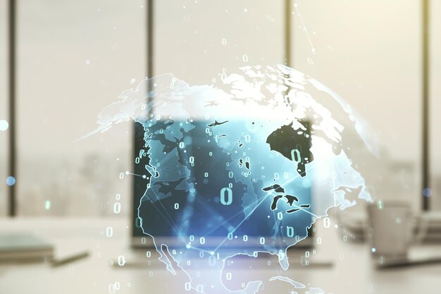 multi exposure of abstract graphic coding sketch with world map on modern computer background big data and networking concept