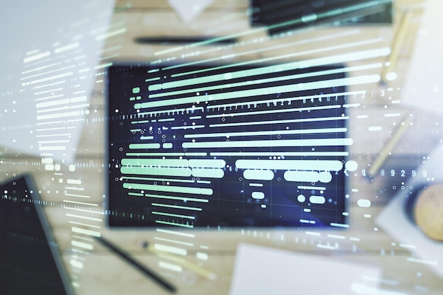 Multi exposure of abstract graphic world map and modern digital tablet on background connection and communication concept