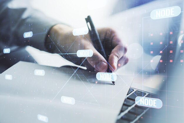 Multi exposure of abstract programming language hologram with hand writing in notepad on background with laptop artificial intelligence and machine learning concept