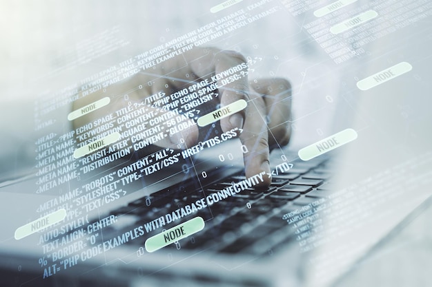 multi exposure of abstract programming language hologram with hands typing on computer keyboard on background artificial intelligence and machine learning concept
