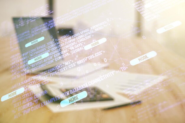 Multi exposure of abstract software development hologram and world map on blurry calculator with laptop background global research and analytics concept