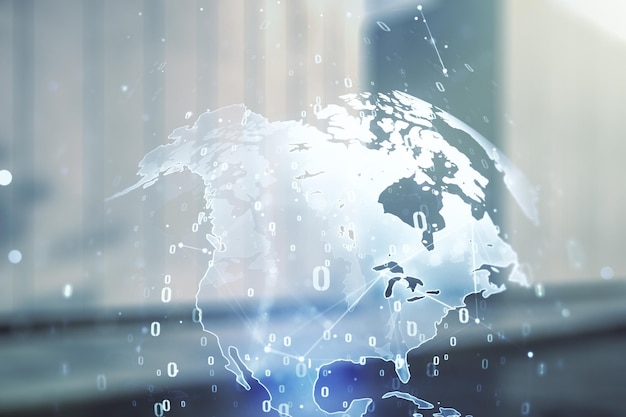 multi exposure of abstract software development hologram and world map on modern business center exterior background global research and analytics concept