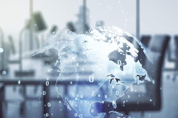 multi exposure of abstract software development hologram and world map on modern corporate office background global research and analytics concept