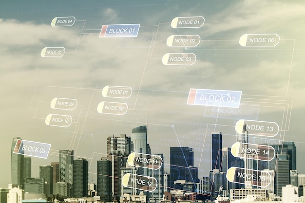 multi exposure of abstract software development hologram on los angeles skyscrapers background research and analytics concept