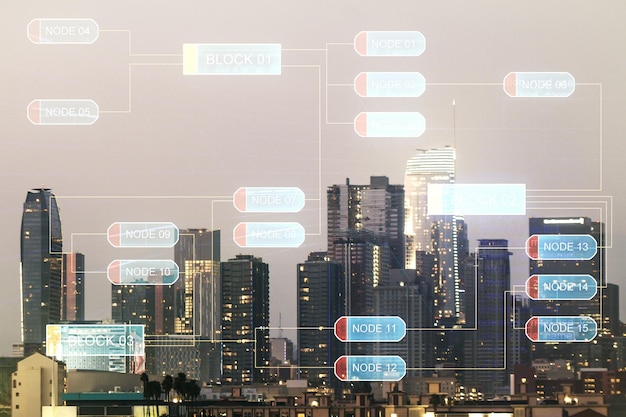 multi exposure of abstract software development hologram on los angeles skyscrapers background research and analytics concept