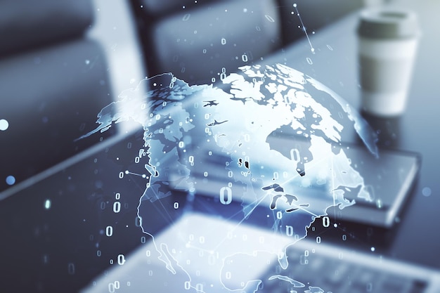 multi exposure of abstract software development hologram with world map on laptop background global research and analytics concept