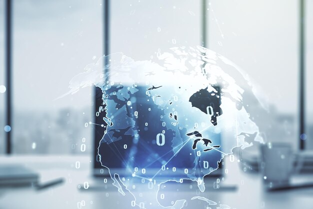 multi exposure of abstract software development hologram with world map on laptop background global research and analytics concept
