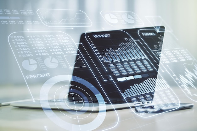 Multi exposure of abstract statistics data hologram interface on computer background computing and analytics concept