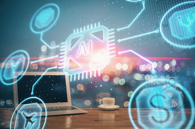 Multi exposure of computer on background and technology theme drawing Concept of innovation