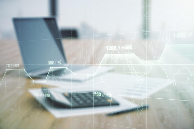 multi exposure of creative statistics data hologram on blurry calculator with laptop background stats and analytics concept