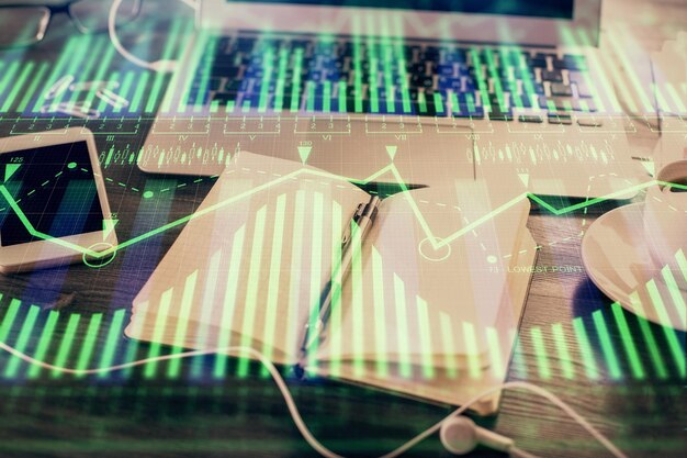 multi exposure of data theme drawings and desk with open notebook background concept of education