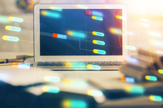 multi exposure of desktop computer and technology theme hologram concept of software development