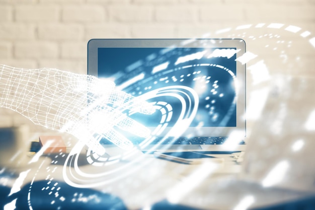 multi exposure of desktop computer and technology theme hologram concept of software development