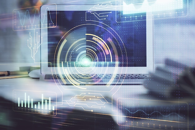 Multi exposure of desktop computer and technology theme hologram Concept of software development