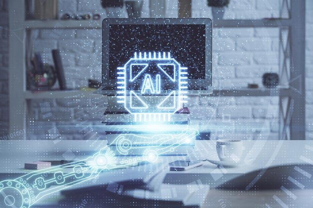 multi exposure of desktop computer and technology theme hologram concept of software development