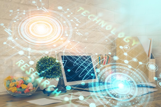 Multi exposure of desktop with personal computer and tech theme drawing Concept of Bigdata