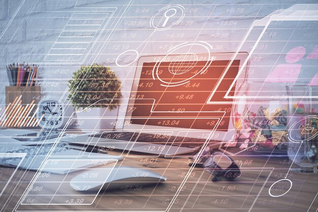 Multi exposure of desktop with personal computer and tech theme drawing Concept of Bigdata