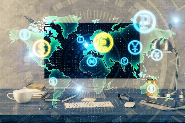multi exposure of forex graph and work space with computer concept of international online trading