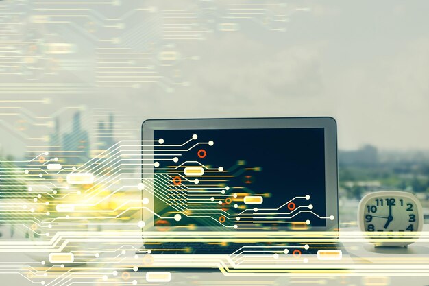 Multi exposure of table with computer on background and data theme drawing Concept of innovation