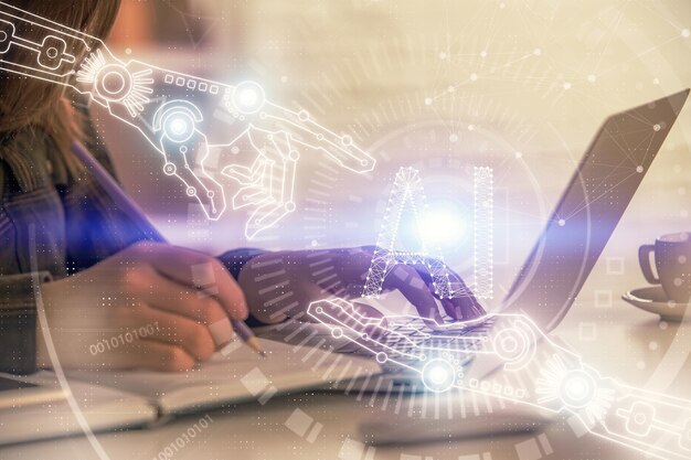 multi exposure of woman hands working on computer and data theme hologram drawing tech concept