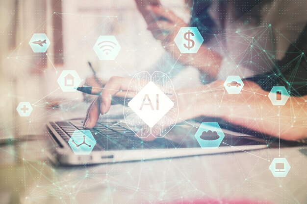 multi exposure of woman hands working on computer and data theme hologram drawing tech concept