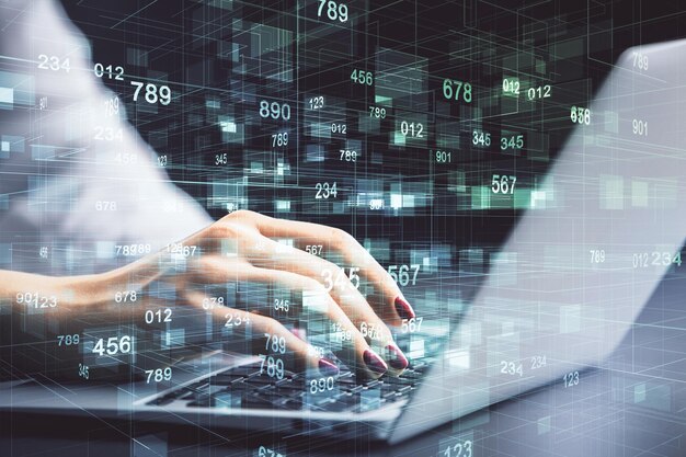 multi exposure of woman hands working on computer and data theme hologram drawing tech concept