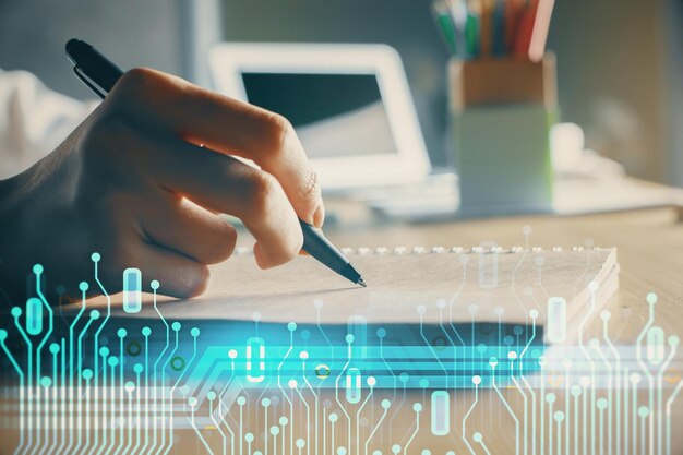 Multi exposure of woman's hands on background with technology and digital coding icons Data development concept