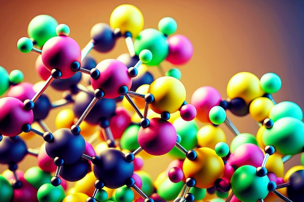 multicolored molecule closeup connected to each other in long chains