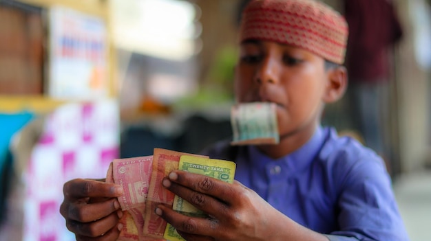 Muslim poor boy counting money