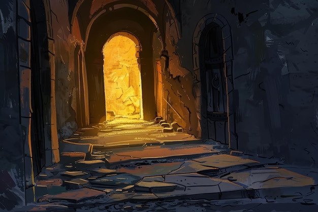Mysterious Glowing Archway in Dark Dungeon