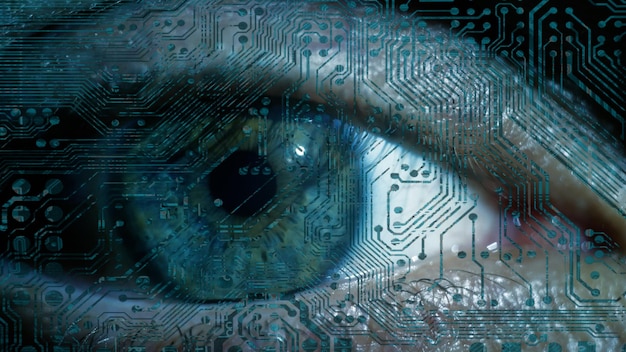 Nærbilde av et mannlig øye med visuelle effekter. Konseptet med en sensor implantert i det menneskelige øyet. Business datamaskin cyberspace