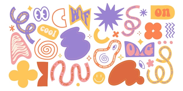 naive playful hand drawn abstract shapes stickers set s groovy geometric shapes with typography in t