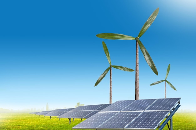 Naturlige vindgeneratorturbiner og solcellepaneler på sommerlandskap