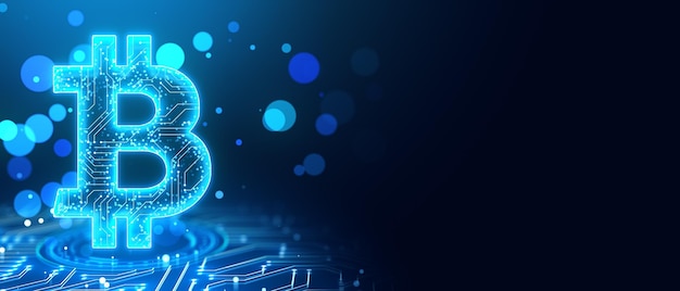 Neon Bitcoin symbol with circuit lines on dark blue background 3D Rendering