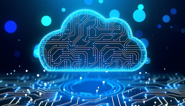 Neon cloud computing icon with circuit board background 3D Rendering