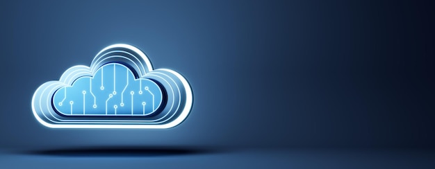 Neon cloud computing icon with circuit design on blue background 3D Rendering