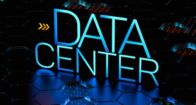 Neon data processing concept Word DATE CENTER with orange arrows on neon blur 3D render illustration