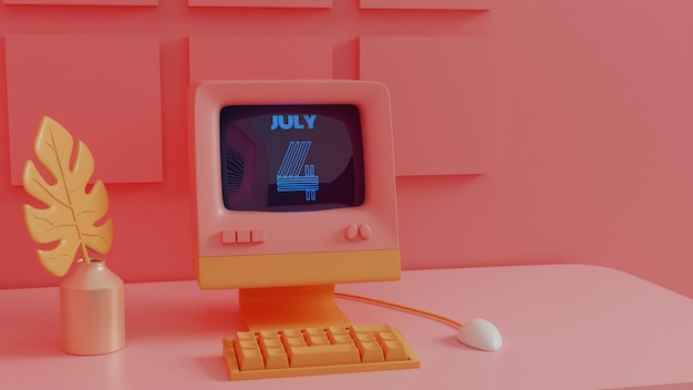 neon retro calendar july 4 displayed on vintage computer screen with 80s style graphics