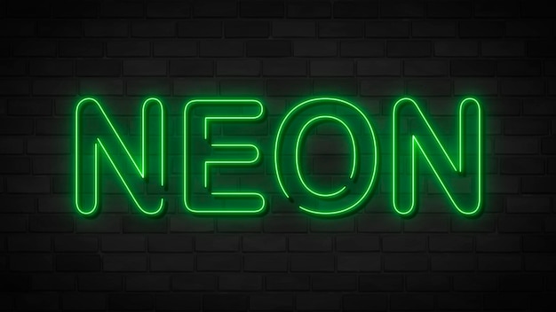 Neon sign with green word neon on a brick wall Neon glowing decoration in the night